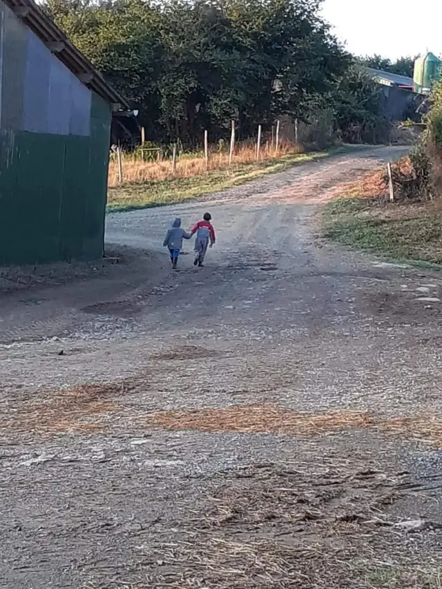 Deux enfants marchant main dans la main dans une exploitation agricole