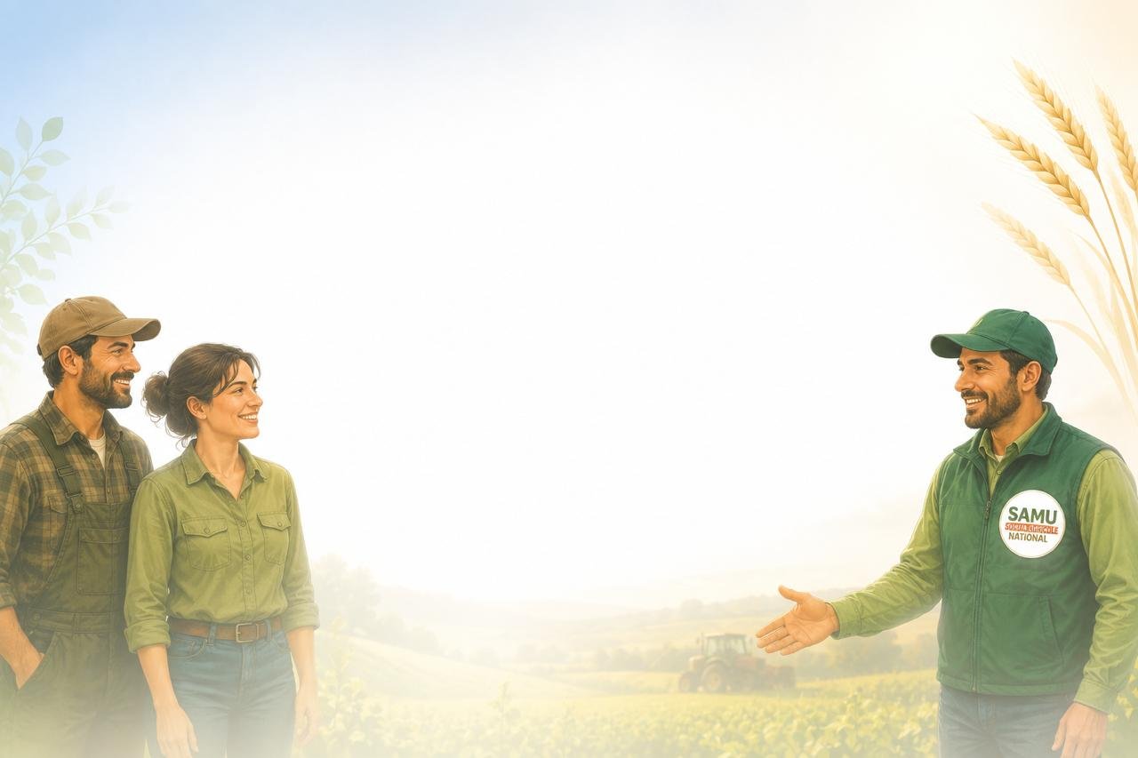 Deux agriculteurs et un bénévole du SSAN dans un champ